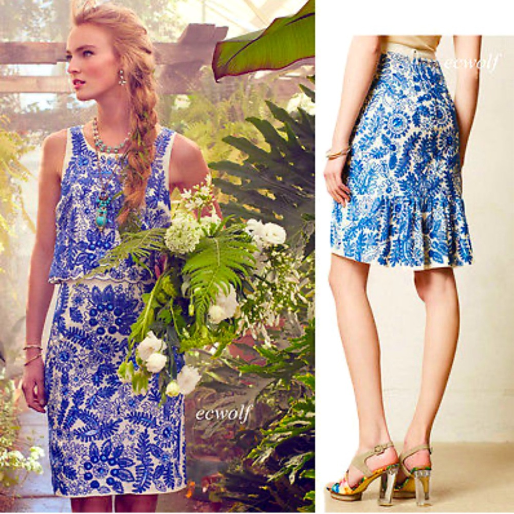 ANTHROPOLOGIE MOULINETTE SOEURS SKIRT EMBROIDERED BLEUET PENCIL NWT SZ 0